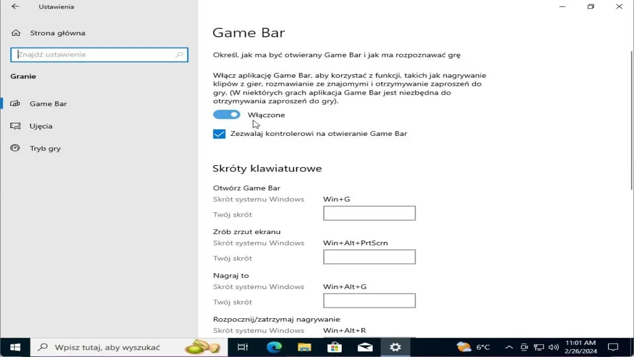 Włączony Windows Game Bar